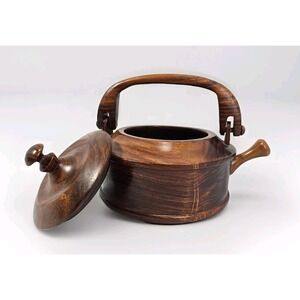 Vtg Teak Wood Hand Carved Tea Pot Primitive Decor "El Sueno" Factory Costa Rica